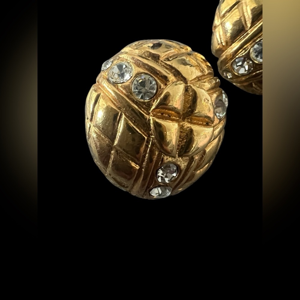 CHANEL Vintage Gold Plated Quilted and Rhinestone Earrings - Picture 3 of 9
